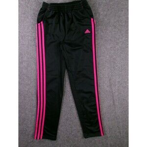 Adidas Track Pants Girls L Black Pink 3-Stripe Athletic Joggers Slim Zip Ankle
